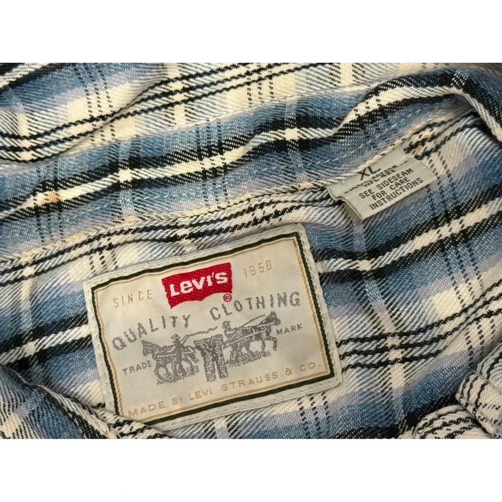 VTG Levis Mens XL Blue Plaid Flannel Button Down Shirt Metal Button 90s Grunge